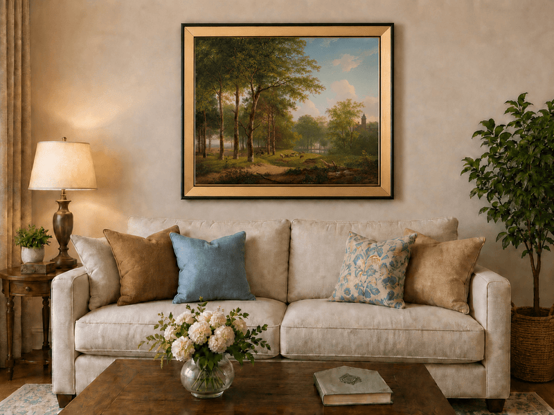 Landscape Oil Painting - Woodland Meadow, Sheep and Castle View