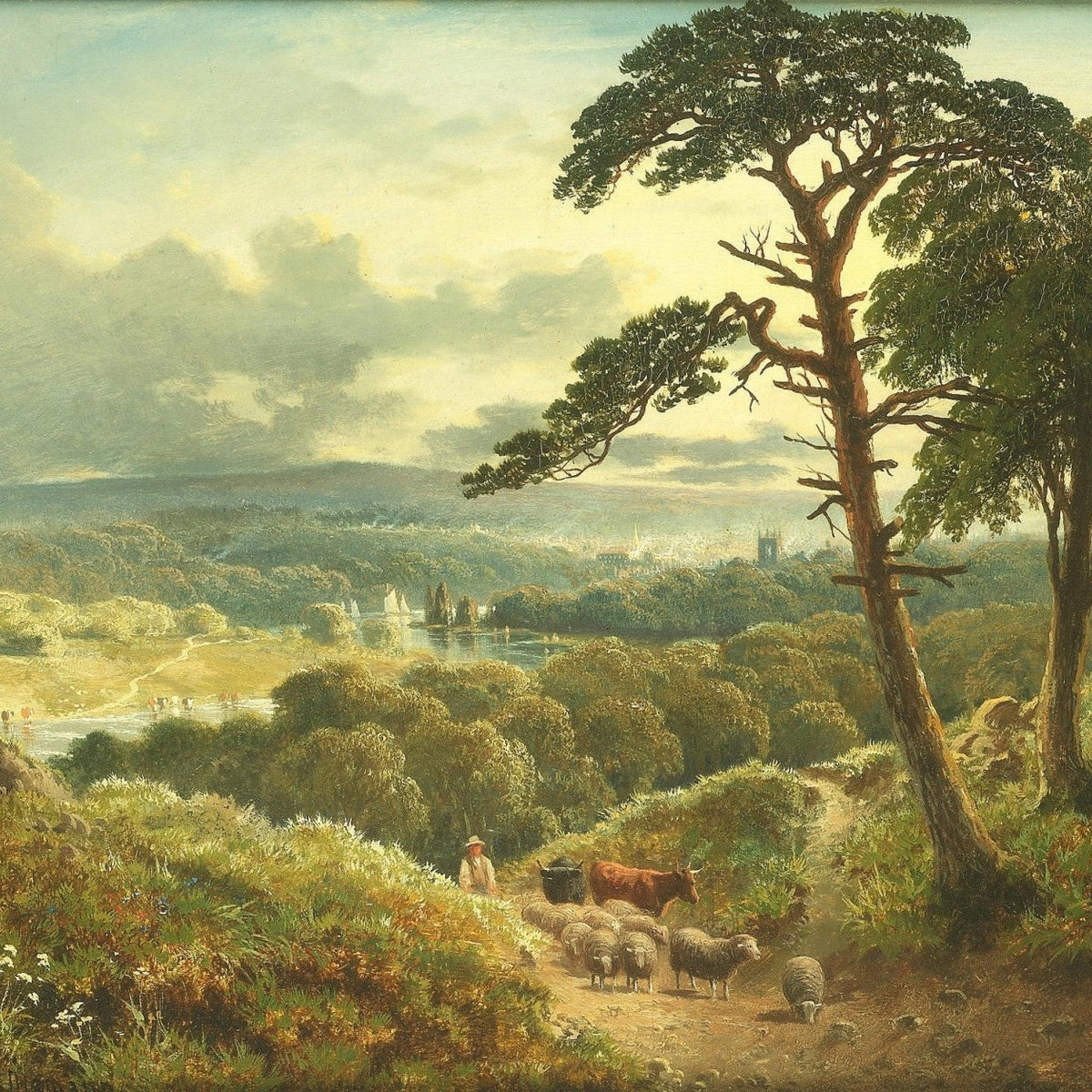 Landscape Oil Painting - Woodland Pasture, Herd & Distant Valley Scenery - Oil Painting Haven