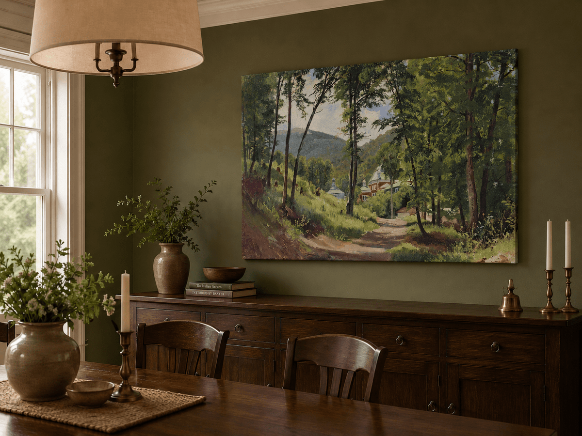 Landscape Oil Painting - Woodland Path and Mountain Villa