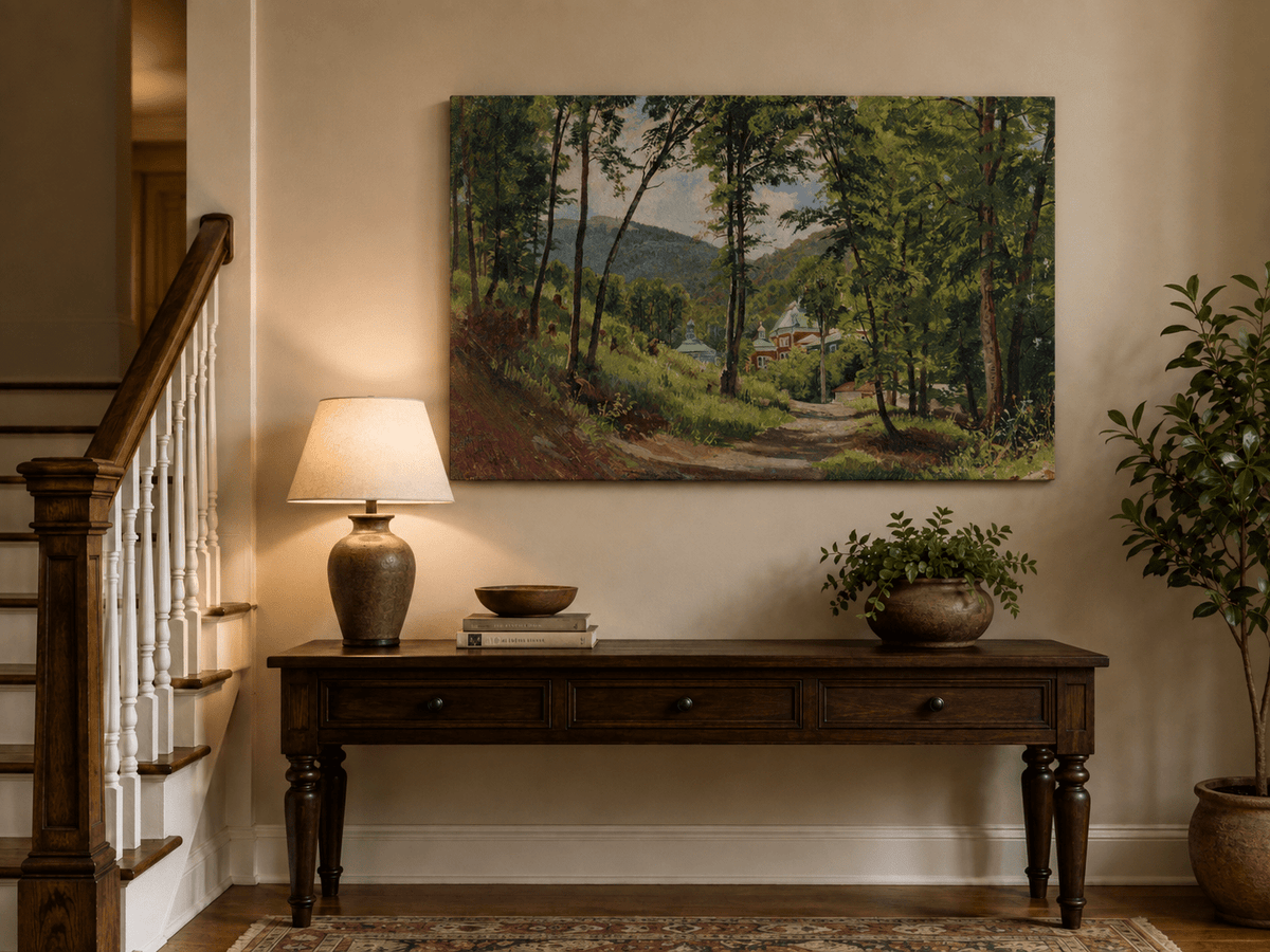 Landscape Oil Painting - Woodland Path and Mountain Villa