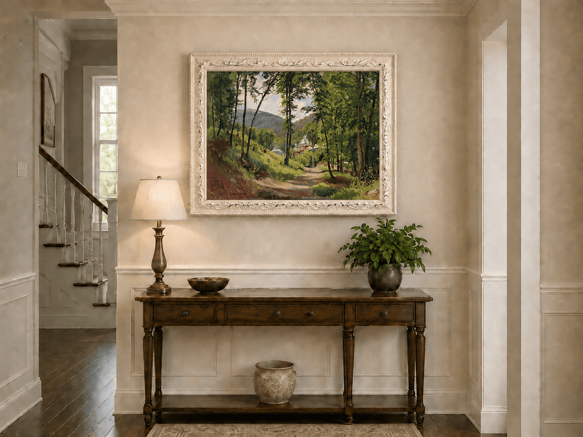 Landscape Oil Painting - Woodland Path and Mountain Villa