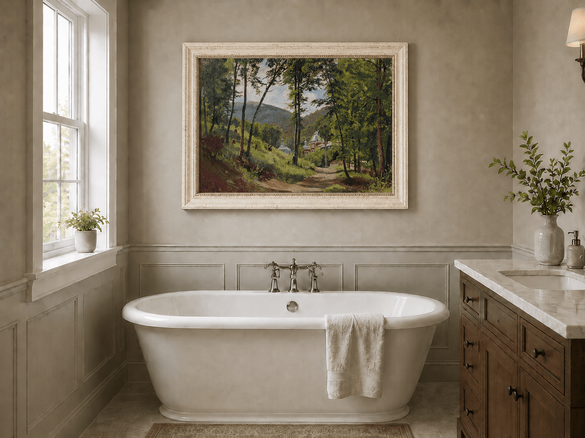 Landscape Oil Painting - Woodland Path and Mountain Villa