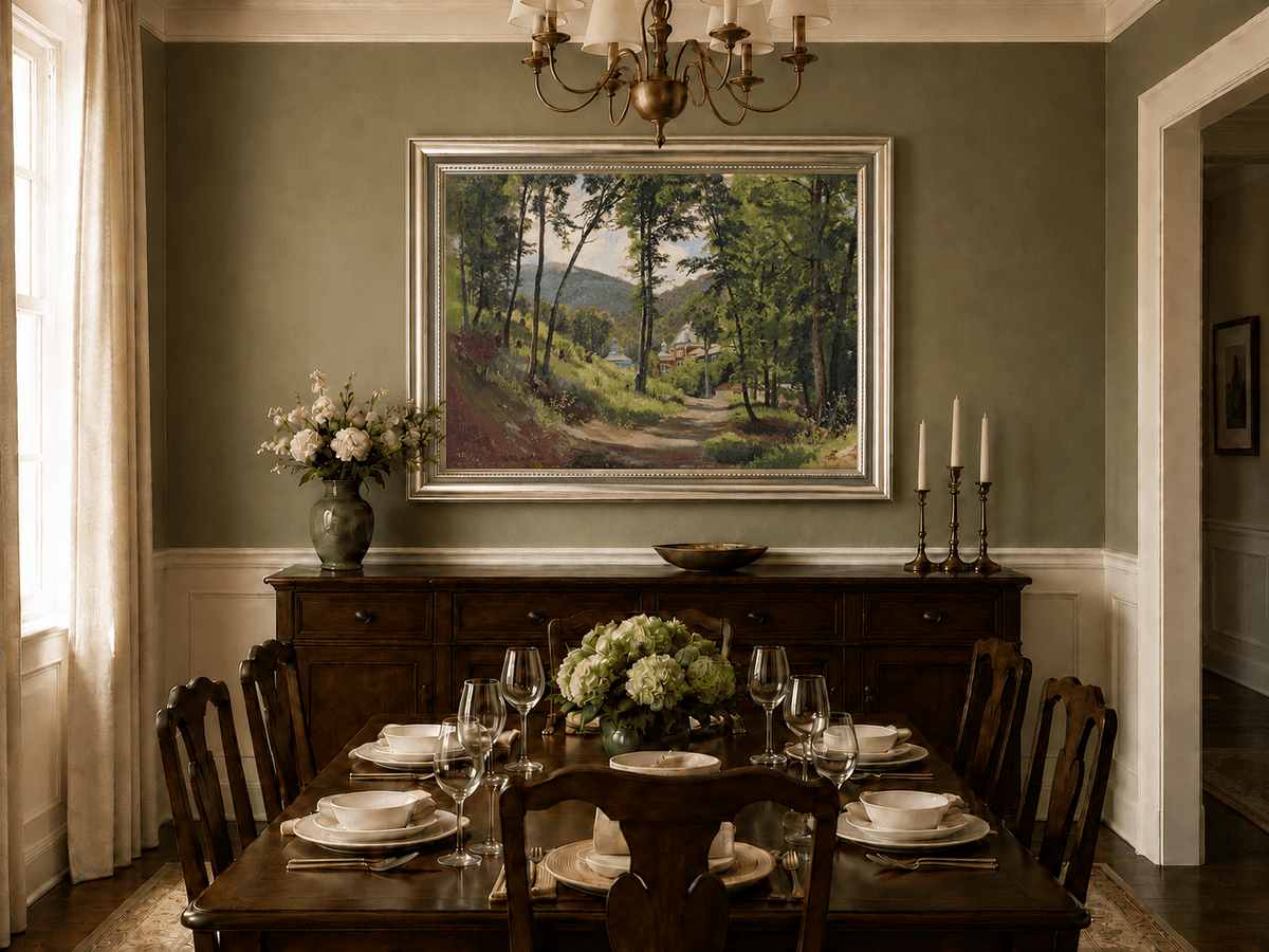 Landscape Oil Painting - Woodland Path and Mountain Villa