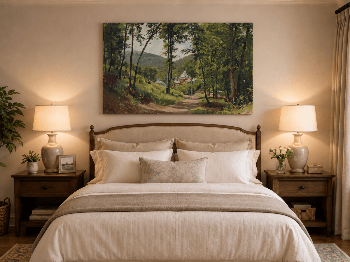 Landscape Oil Painting - Woodland Path and Mountain Villa