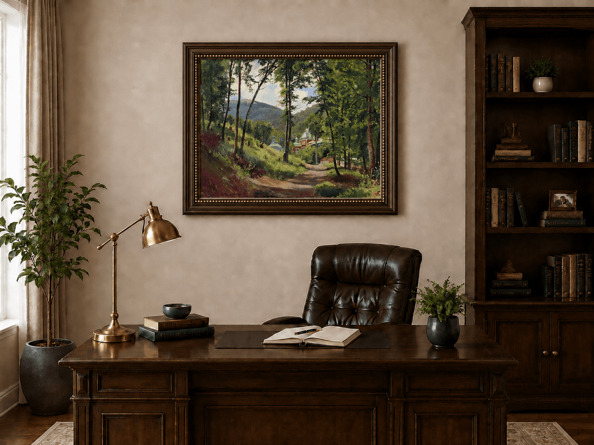 Landscape Oil Painting - Woodland Path and Mountain Villa