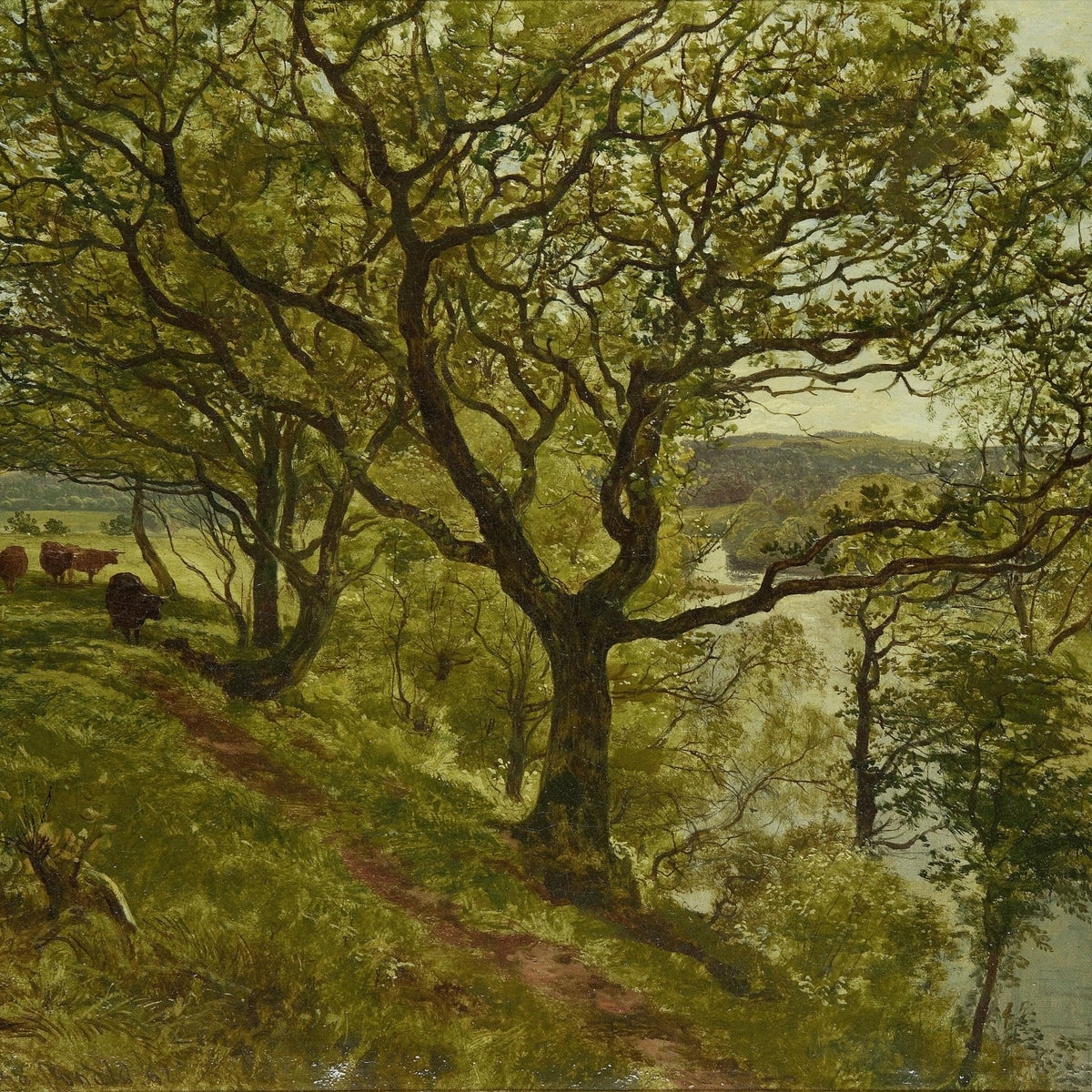 Hand-painted woodland path and river valley view landscape oil painting on canvas