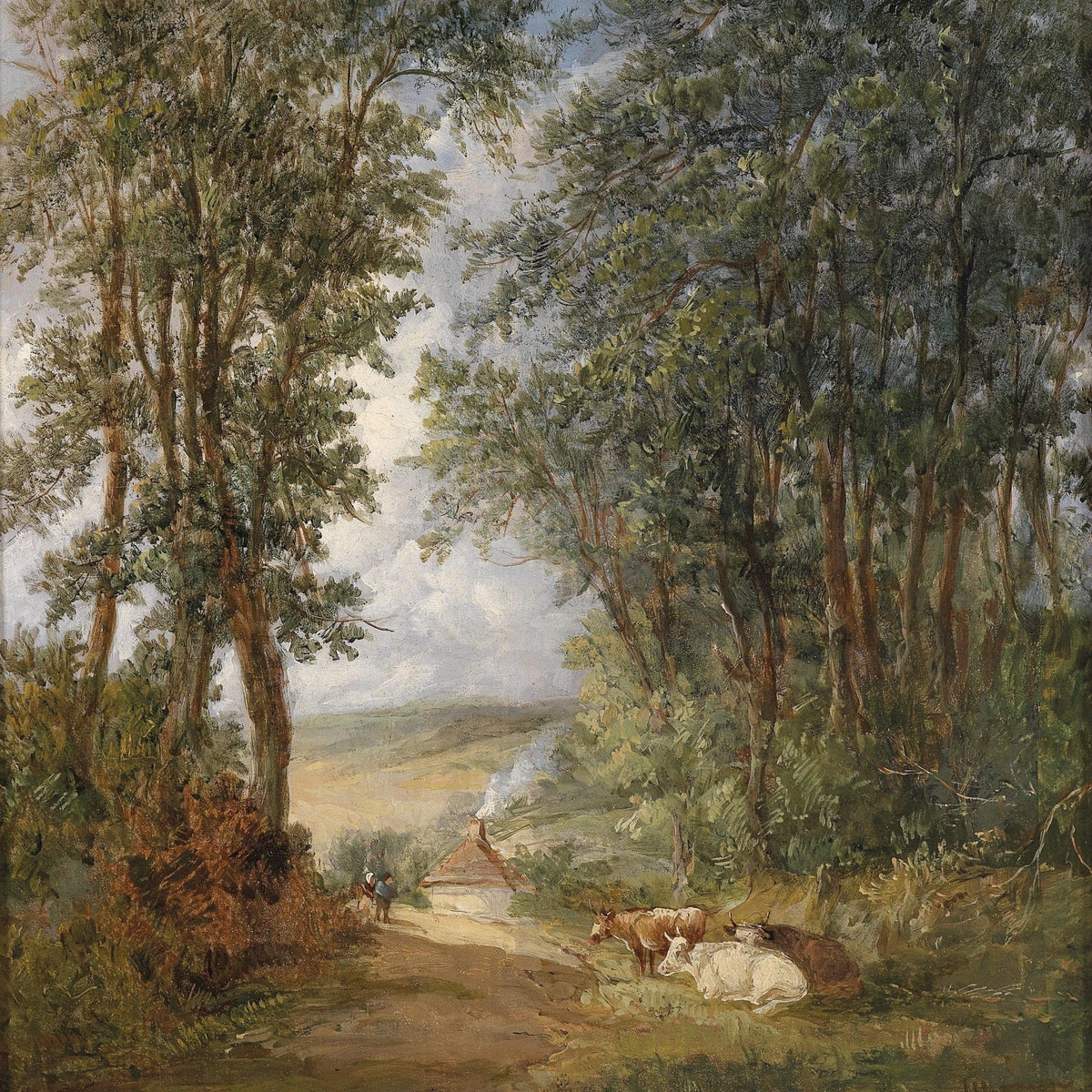Landscape Oil Painting - Woodland Path, Cows, Cottage & Distant Figures - Oil Painting Haven