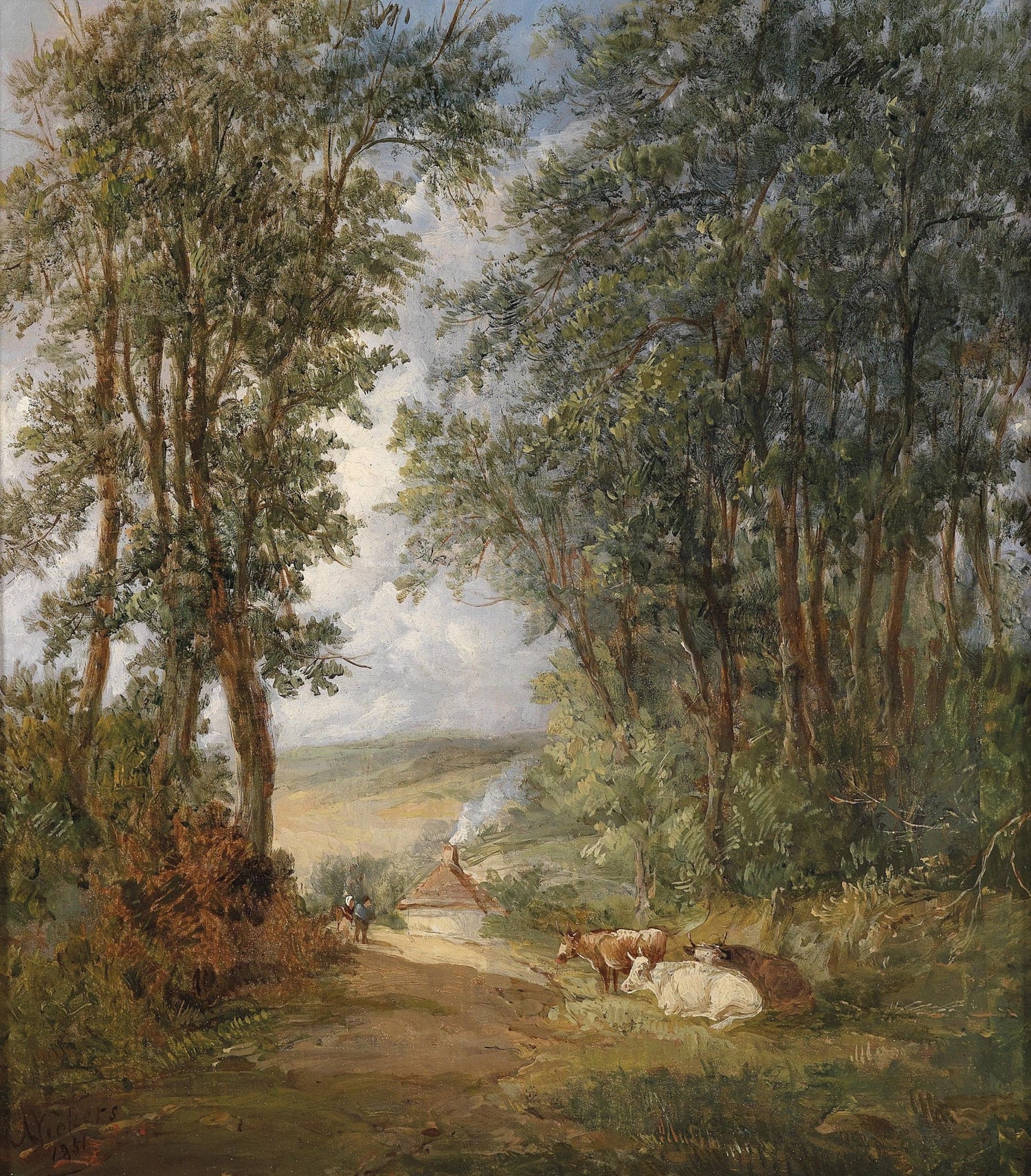 Landscape Oil Painting - Woodland Path, Cows, Cottage & Distant Figures - Oil Painting Haven