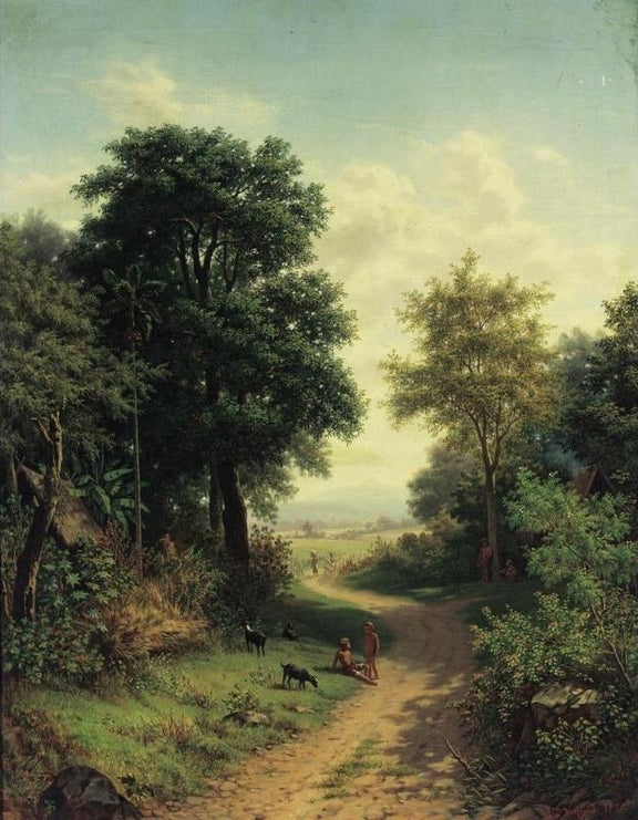 Hand-painted woodland path with children and goats landscape oil painting on canvas