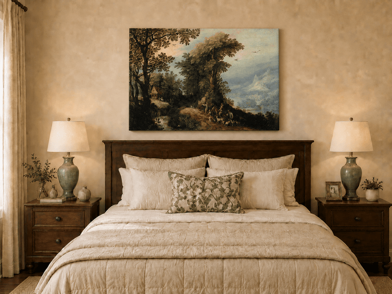 Peinture à l'huile de paysage - Village côtier avec phare et coucher de soleil
