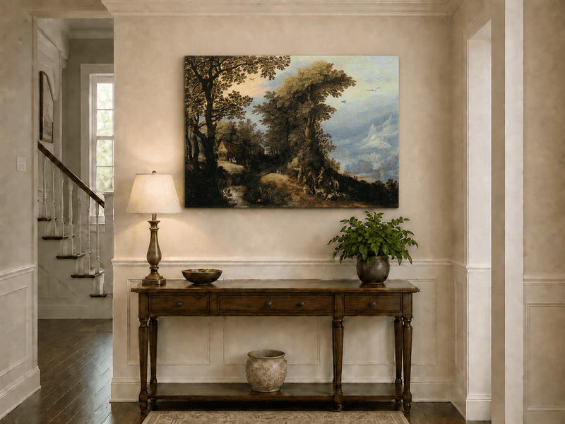 Peinture à l'huile de paysage - Village côtier avec phare et coucher de soleil