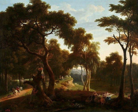 Hand-painted woodland path with horseman and bathers landscape oil painting on canvas