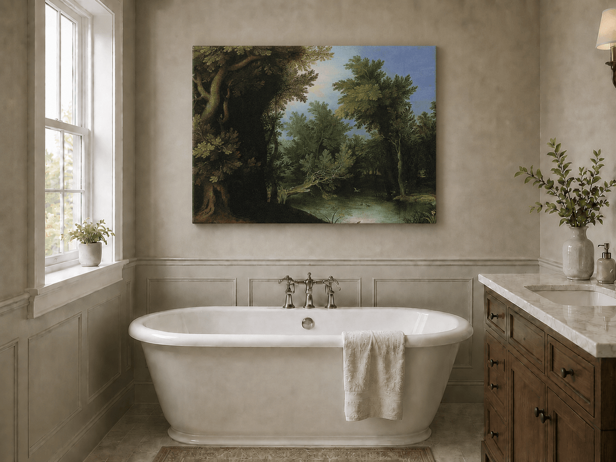 Peinture à l'huile de paysage - Village côtier avec phare et coucher de soleil
