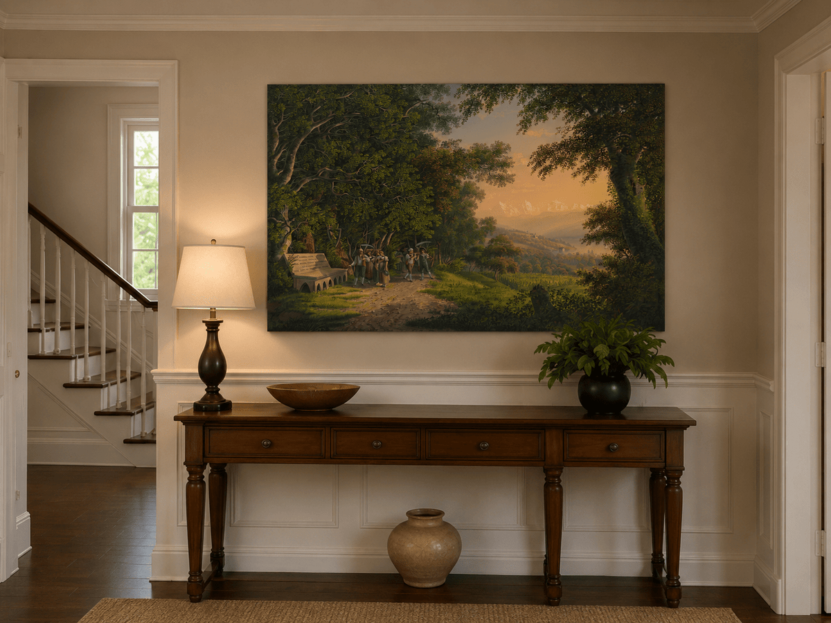 Landscape Oil Painting - Woodland Procession and Mountain Sunset