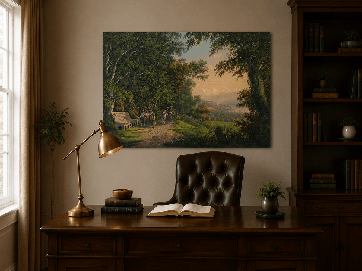 Landscape Oil Painting - Woodland Procession and Mountain Sunset