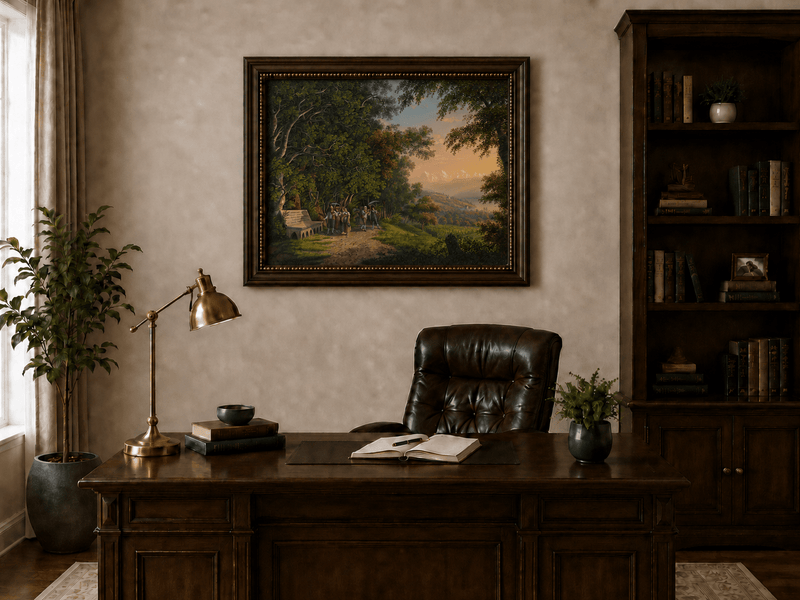 Landscape Oil Painting - Woodland Procession and Mountain Sunset