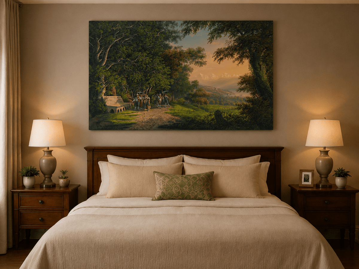 Landscape Oil Painting - Woodland Procession and Mountain Sunset