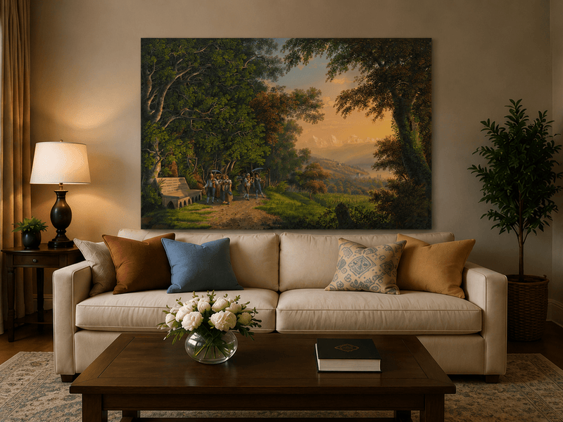 Landscape Oil Painting - Woodland Procession and Mountain Sunset