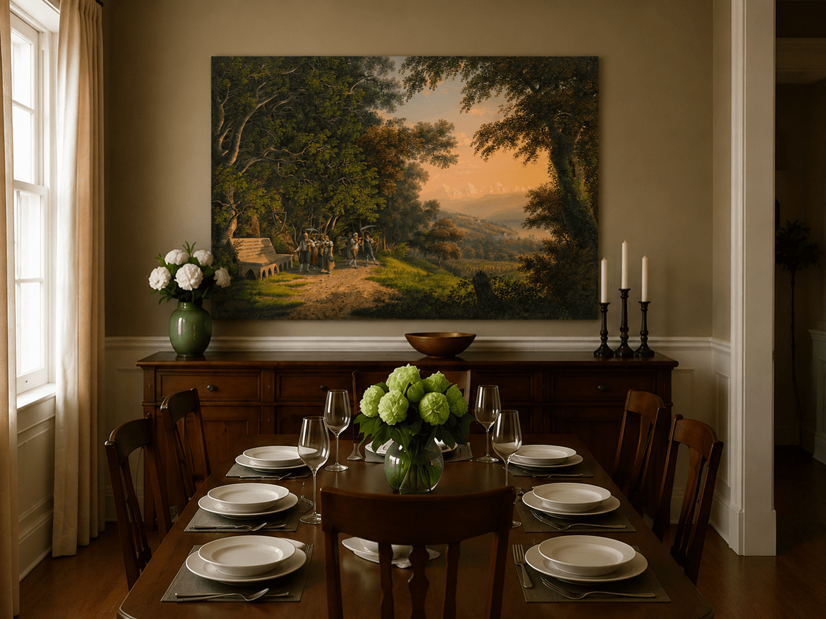 Landscape Oil Painting - Woodland Procession and Mountain Sunset