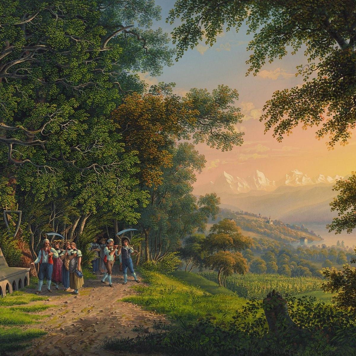 Hand-painted woodland procession and mountain sunset landscape oil painting on canvas