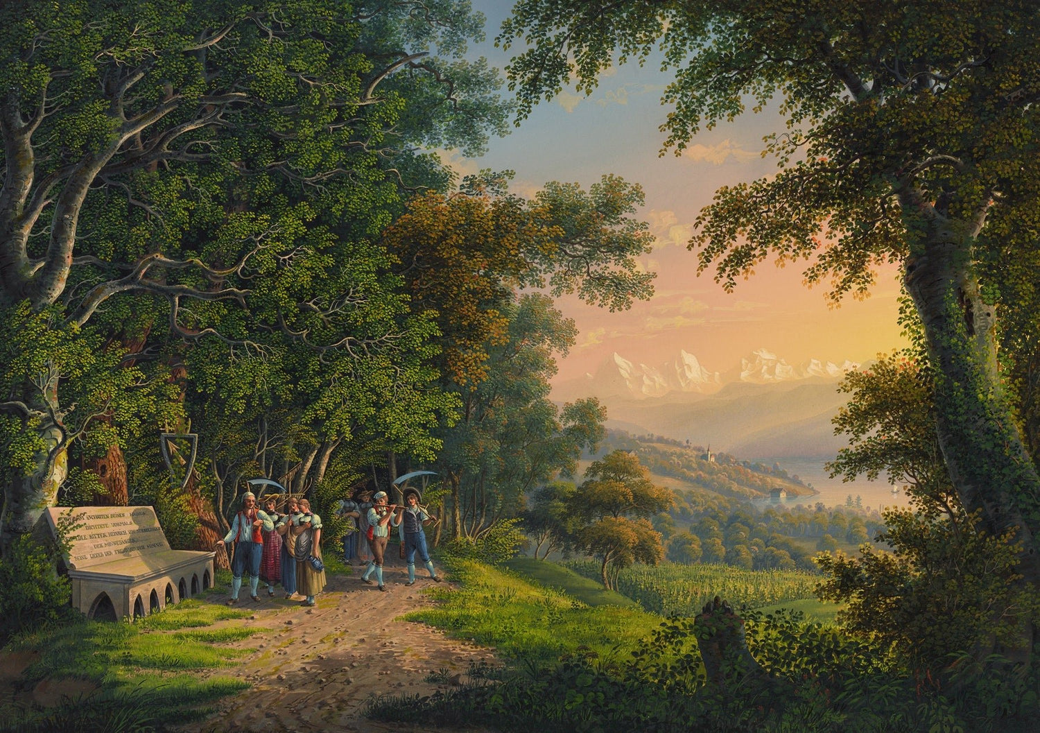 Hand-painted woodland procession and mountain sunset landscape oil painting on canvas