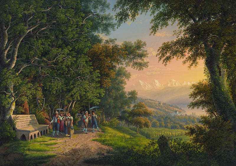 Hand-painted woodland procession and mountain sunset landscape oil painting on canvas
