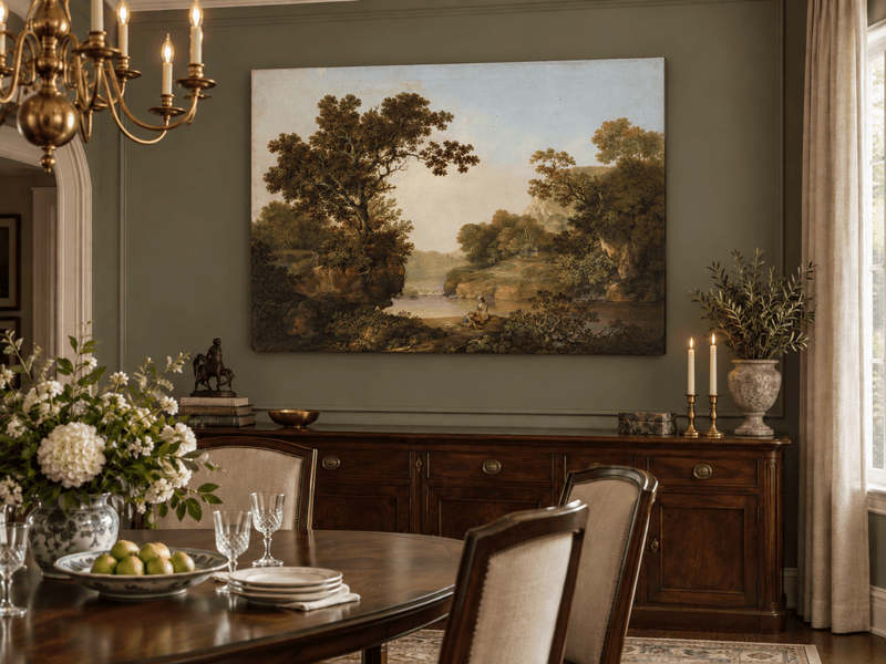Peinture à l'huile de paysage - Gouffre rocheux spectaculaire avec personnages