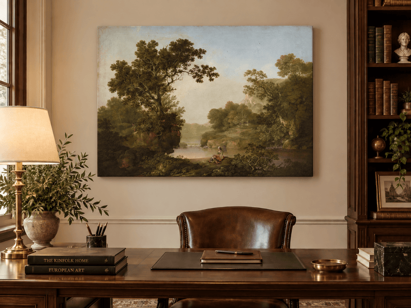 Peinture à l'huile de paysage - Gouffre rocheux spectaculaire avec personnages