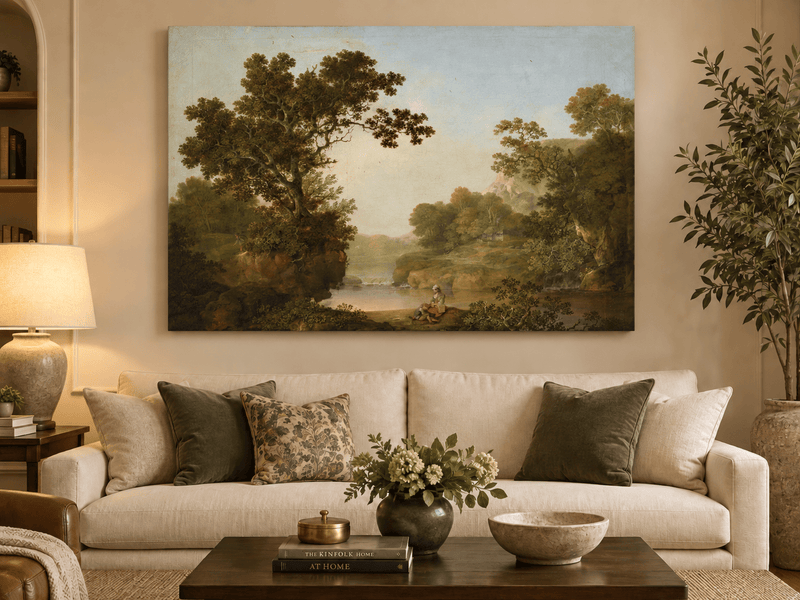 Peinture à l'huile de paysage - Gouffre rocheux spectaculaire avec personnages