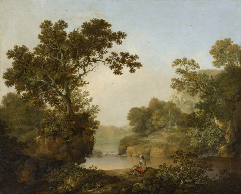 Peinture à l'huile de paysage - Gouffre rocheux spectaculaire avec personnages
