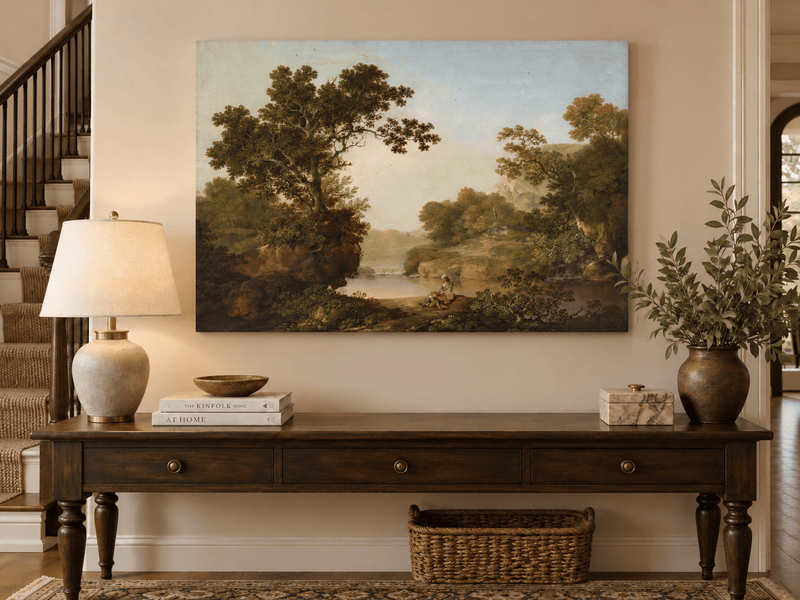 Peinture à l'huile de paysage - Gouffre rocheux spectaculaire avec personnages
