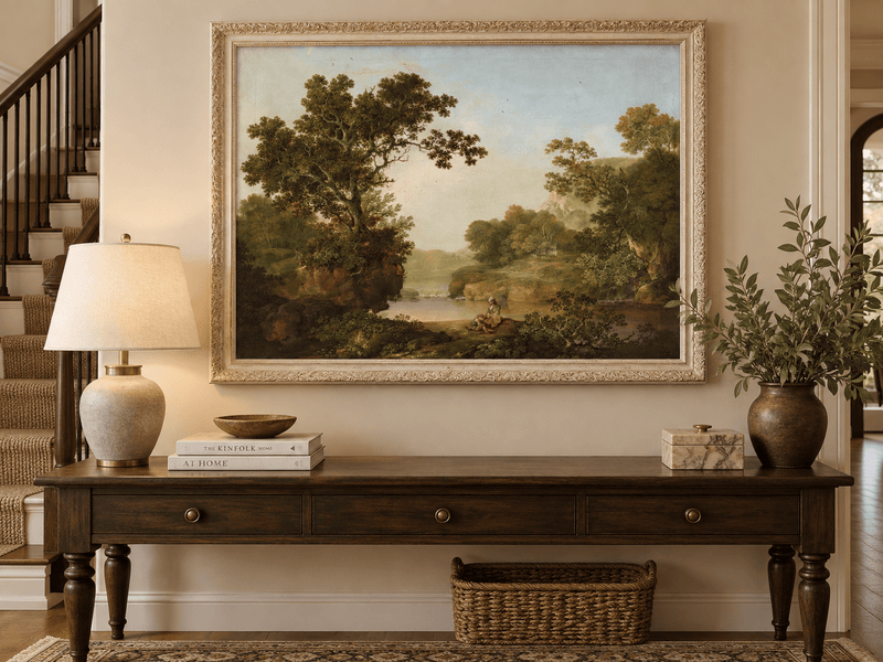 Peinture à l'huile de paysage - Gouffre rocheux spectaculaire avec personnages