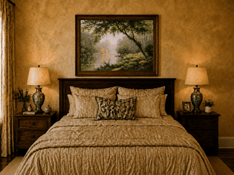Landscape Oil Painting - Woodland River Overhanging Tree & Lily
