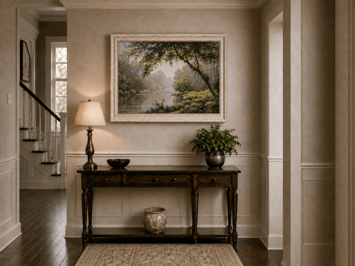 Landscape Oil Painting - Woodland River Overhanging Tree & Lily