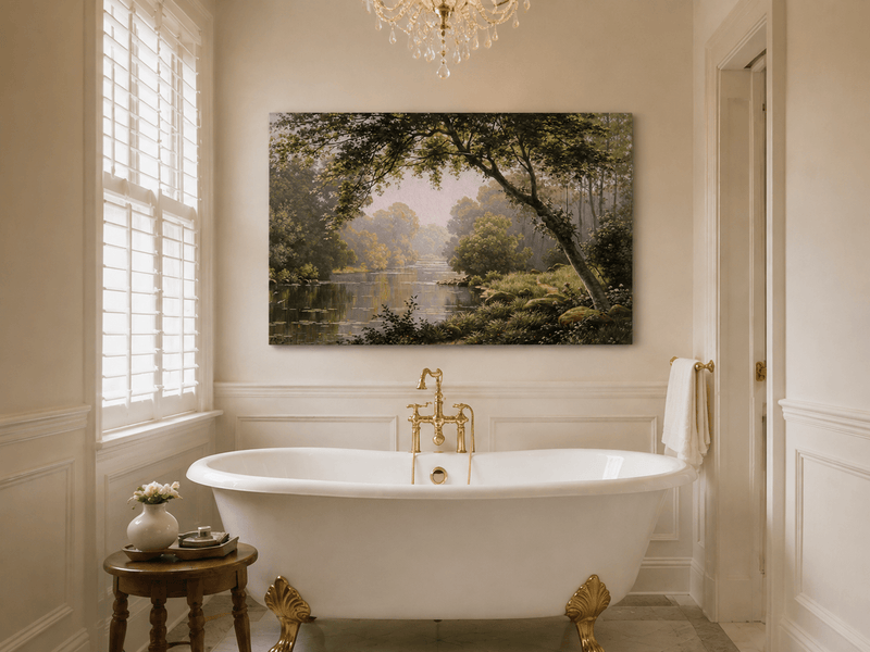 Landscape Oil Painting - Woodland River Overhanging Tree & Lily