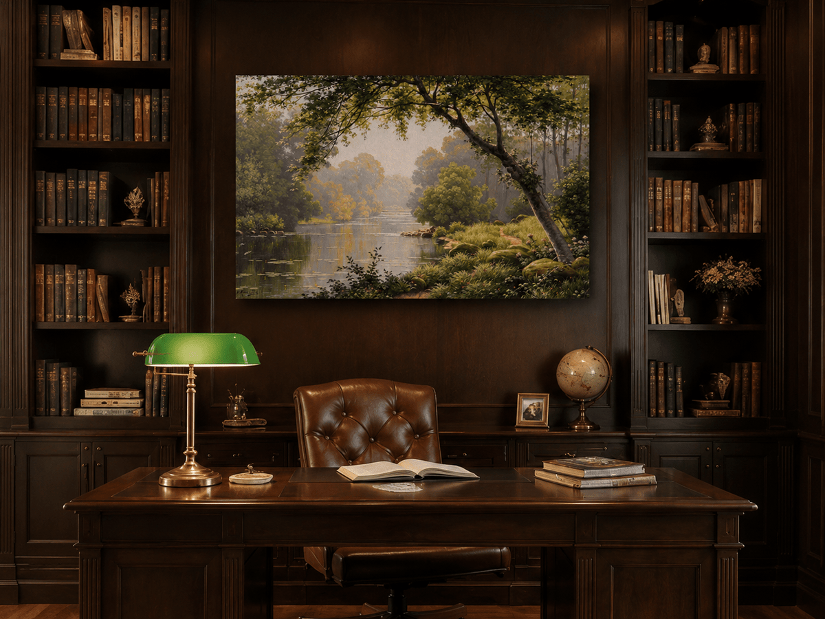 Landscape Oil Painting - Woodland River Overhanging Tree & Lily