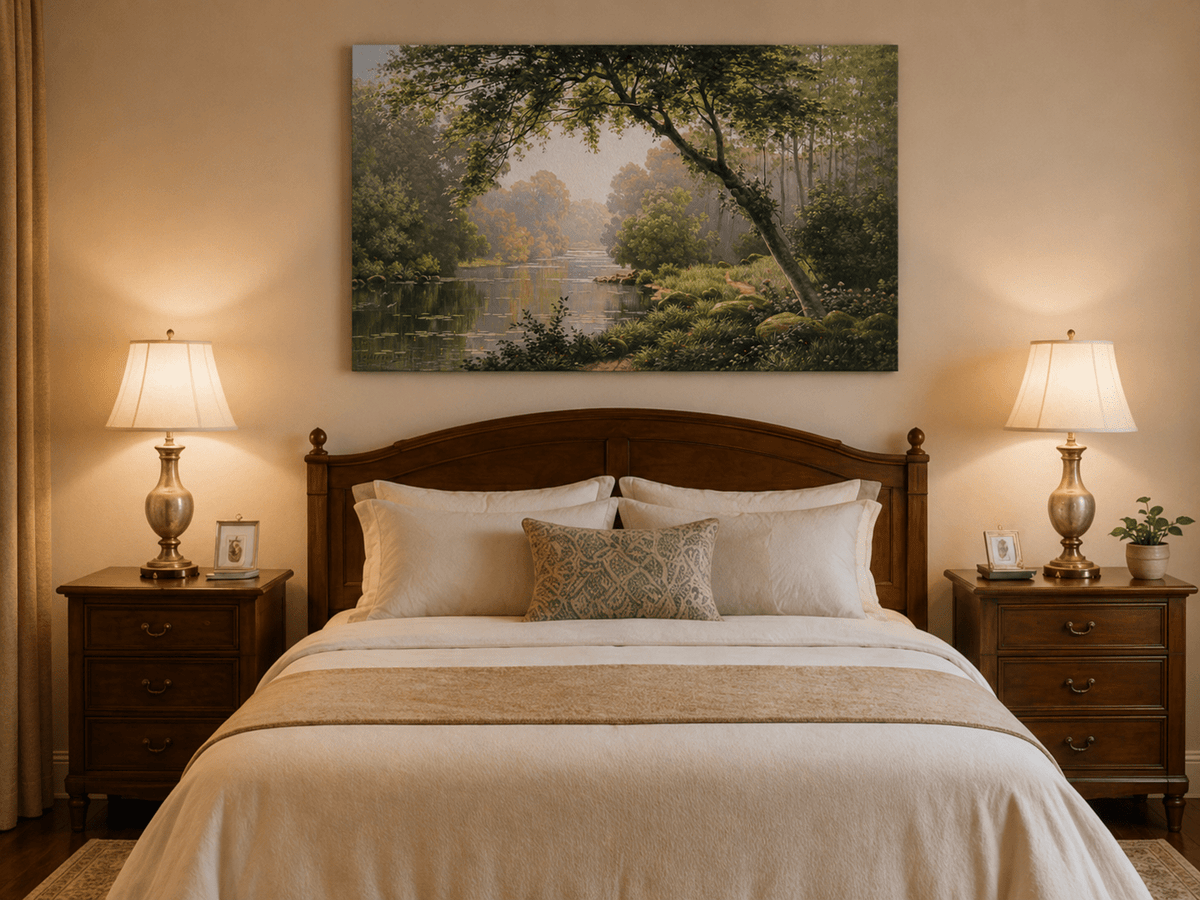 Landscape Oil Painting - Woodland River Overhanging Tree & Lily