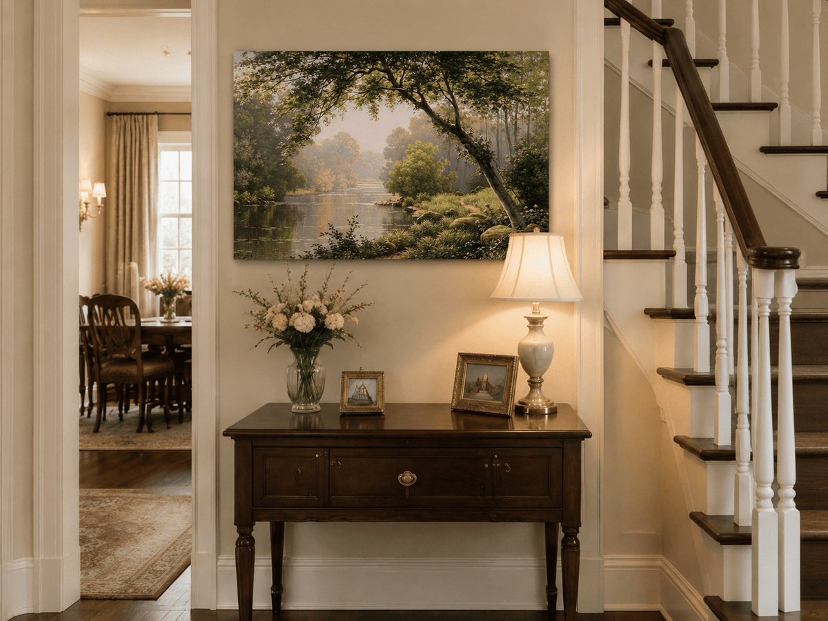 Landscape Oil Painting - Woodland River Overhanging Tree & Lily