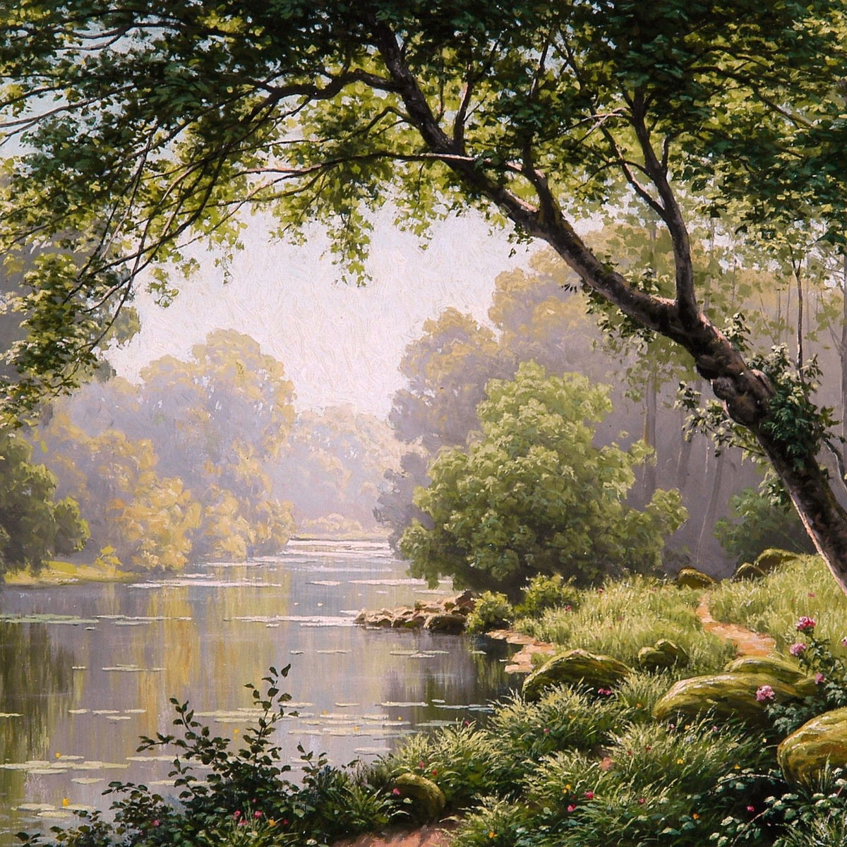 Landscape Oil Painting - Woodland River Overhanging Tree & Lily