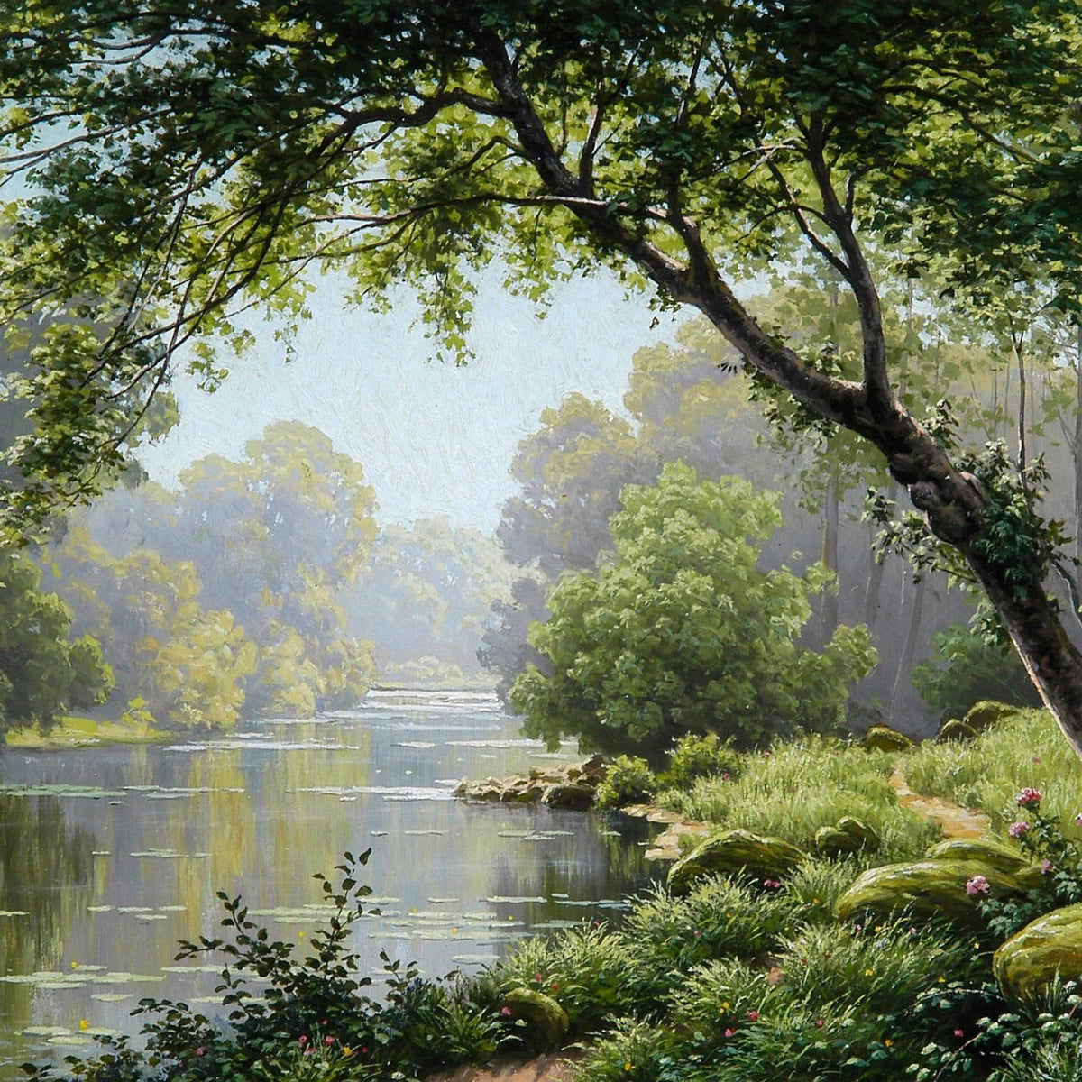 Landscape Oil Painting - woodland river overhanging tree & lily pads - Oil Painting Haven