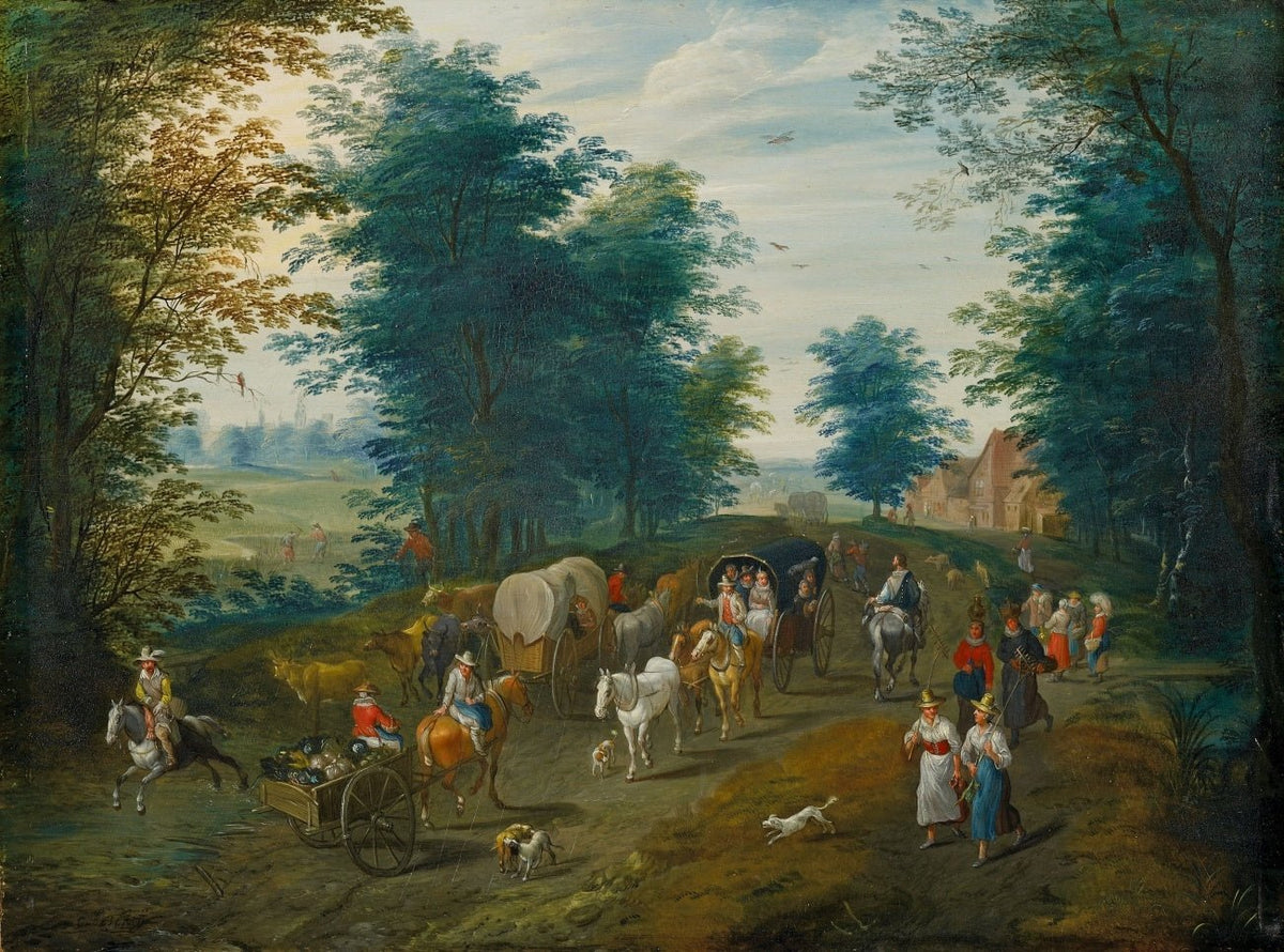 Hand-painted woodland road with carriages and figures landscape oil painting on canvas
