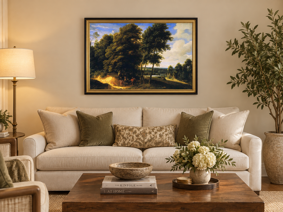 Hand-painted Woodland Road with Riders at Dusk landscape oil painting displayed as wall art in a styled interior