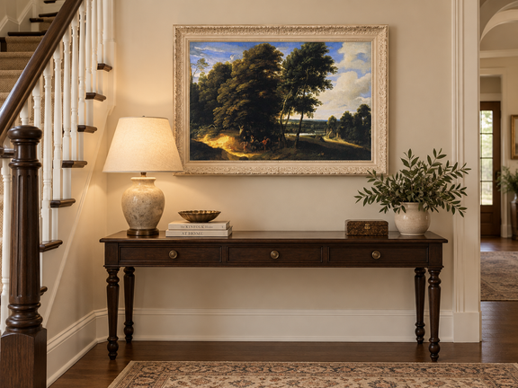 Hand-painted Woodland Road with Riders at Dusk landscape oil painting displayed as wall art in a styled interior
