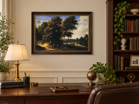 Hand-painted Woodland Road with Riders at Dusk landscape oil painting displayed as wall art in a styled interior