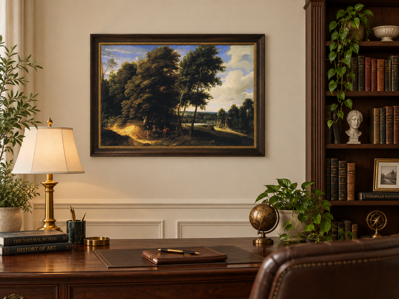 Hand-painted Woodland Road with Riders at Dusk landscape oil painting displayed as wall art in a styled interior