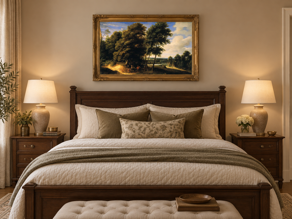 Hand-painted Woodland Road with Riders at Dusk landscape oil painting displayed as wall art in a styled interior