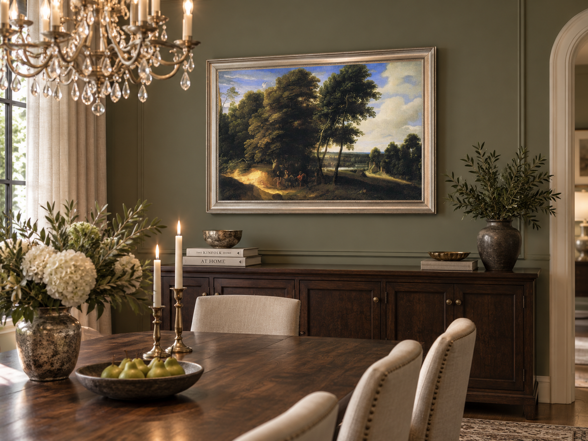 Hand-painted Woodland Road with Riders at Dusk landscape oil painting displayed as wall art in a styled interior