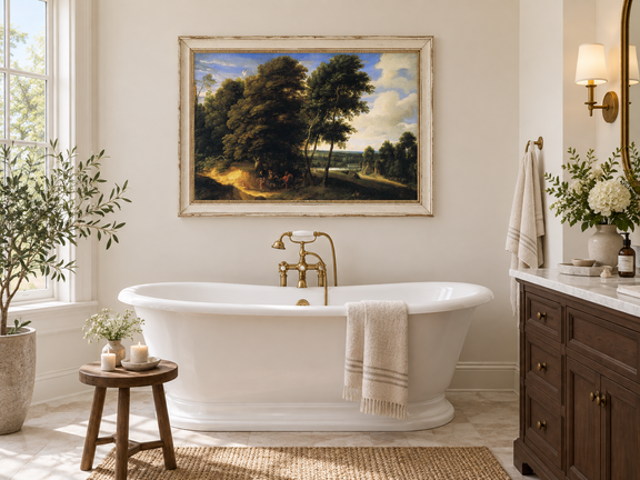 Hand-painted Woodland Road with Riders at Dusk landscape oil painting displayed as wall art in a styled interior