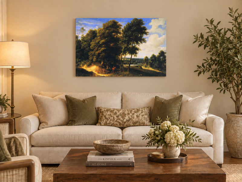 Hand-painted Woodland Road with Riders at Dusk landscape oil painting displayed as wall art in a styled interior