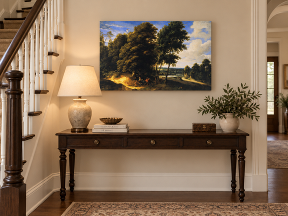 Hand-painted Woodland Road with Riders at Dusk landscape oil painting displayed as wall art in a styled interior
